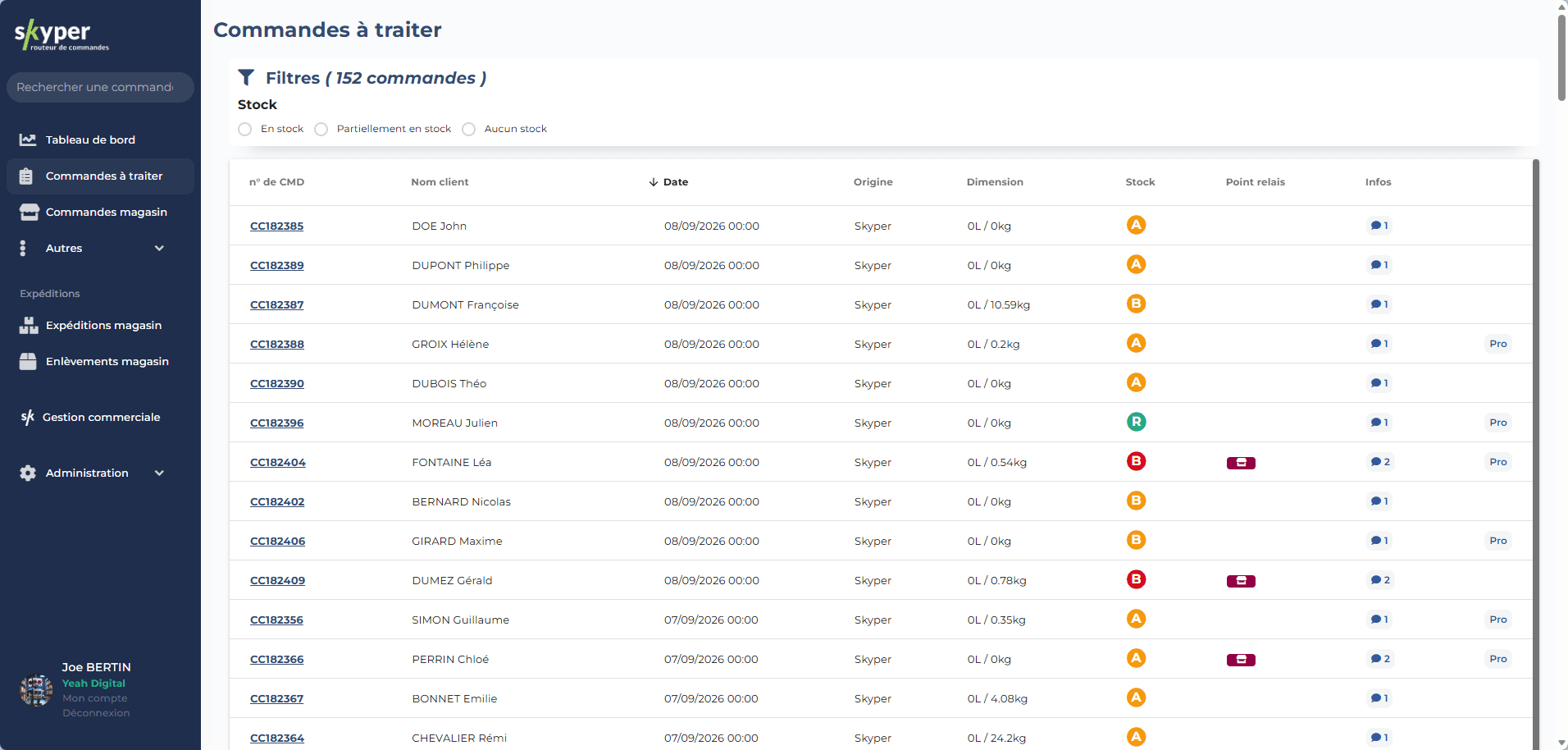 Interface Skyper de routage de commandes, listant les commandes à traiter avec leur statut de stock